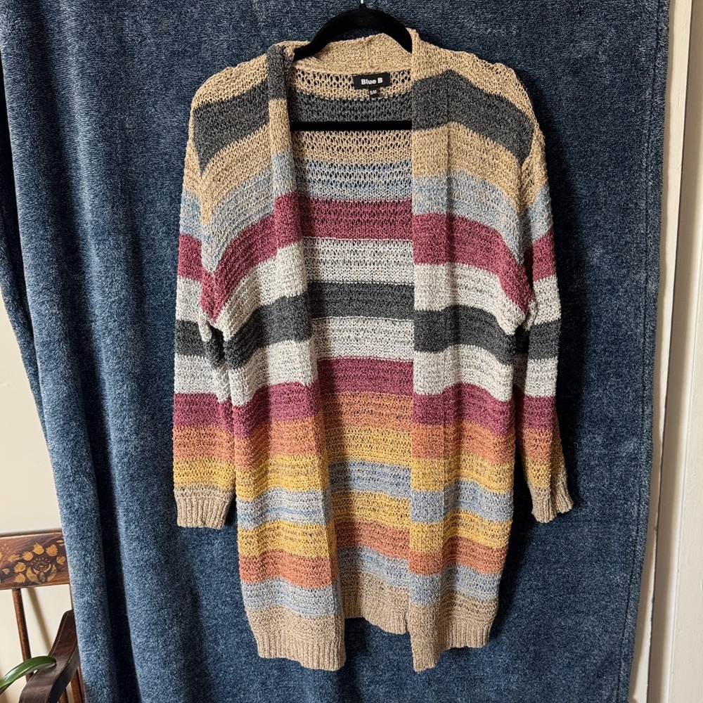 Blue B Striped Open Front Cardigan